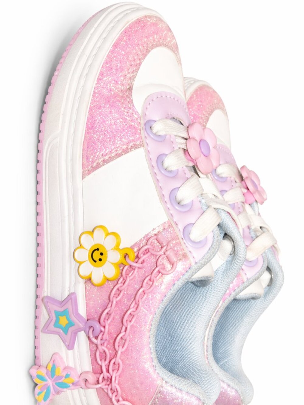 ✨Toddler Pink Glitter Sneakers w/ Charms Flowers Stars Lace-Up Size 8✨